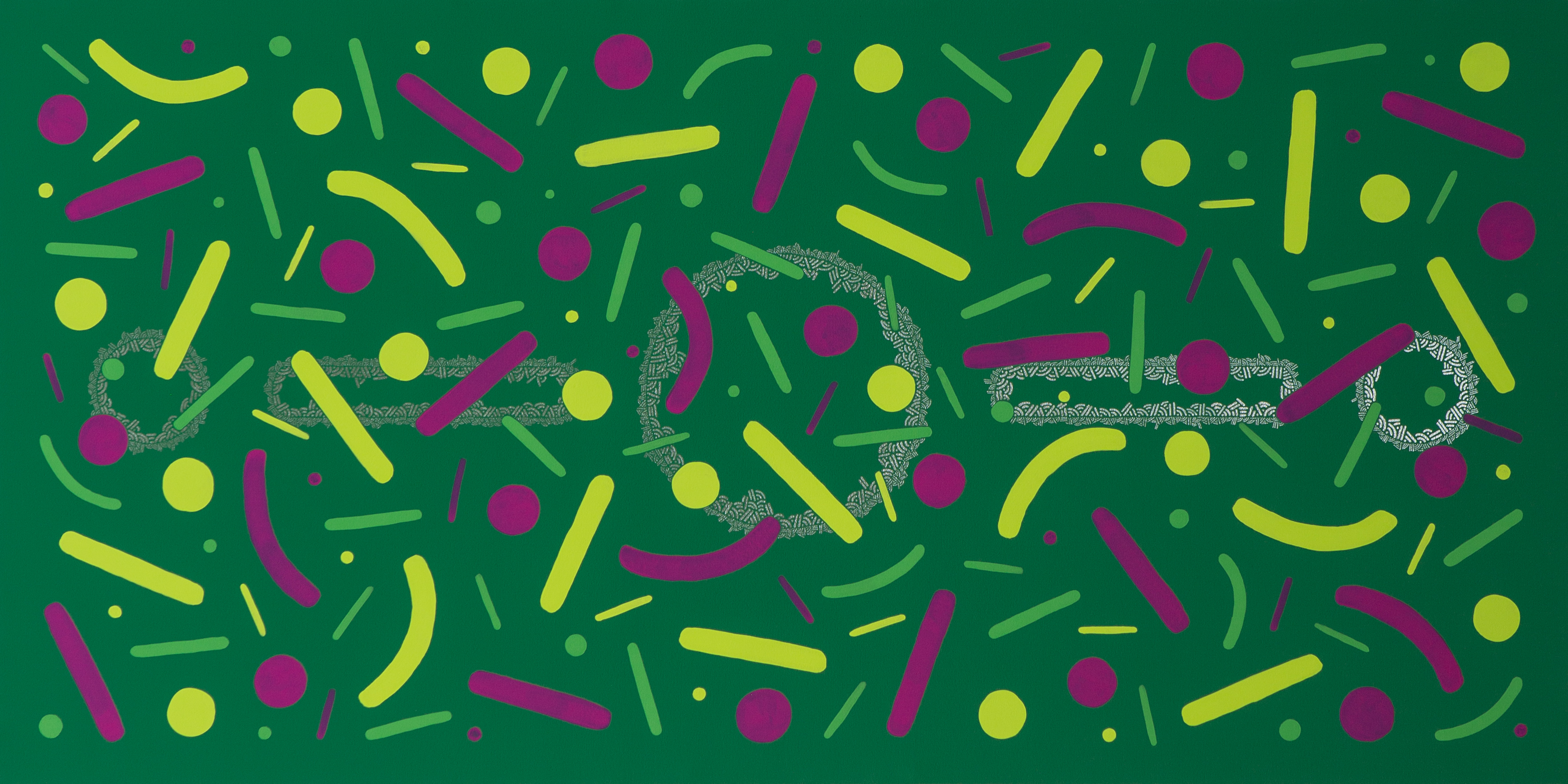 Yellow, pink, and dark dots and curves scattered across a green horizontal background.