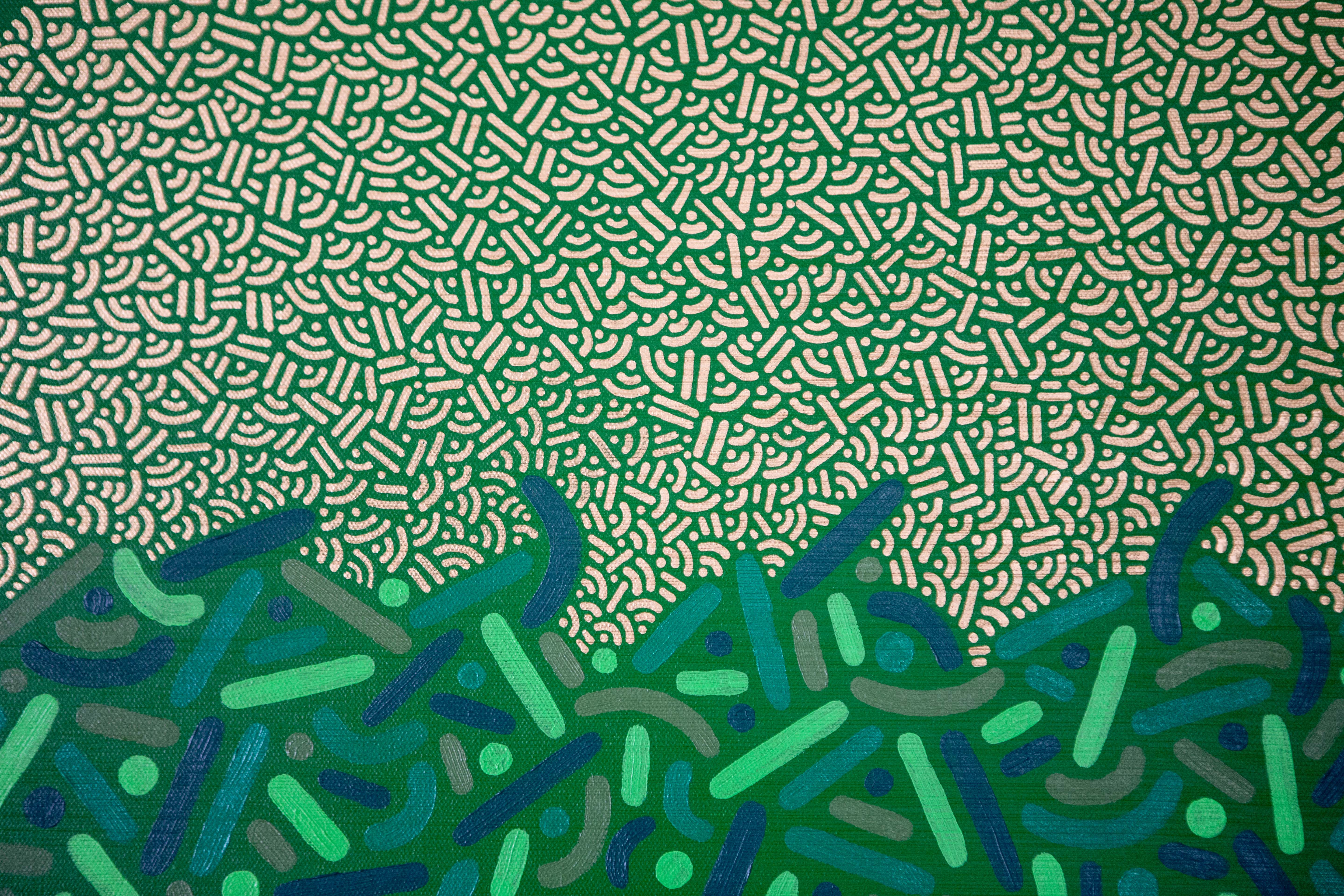 Sunlit Canopy: Detail of a pale circular sun rising behind layers of green geometric marks.