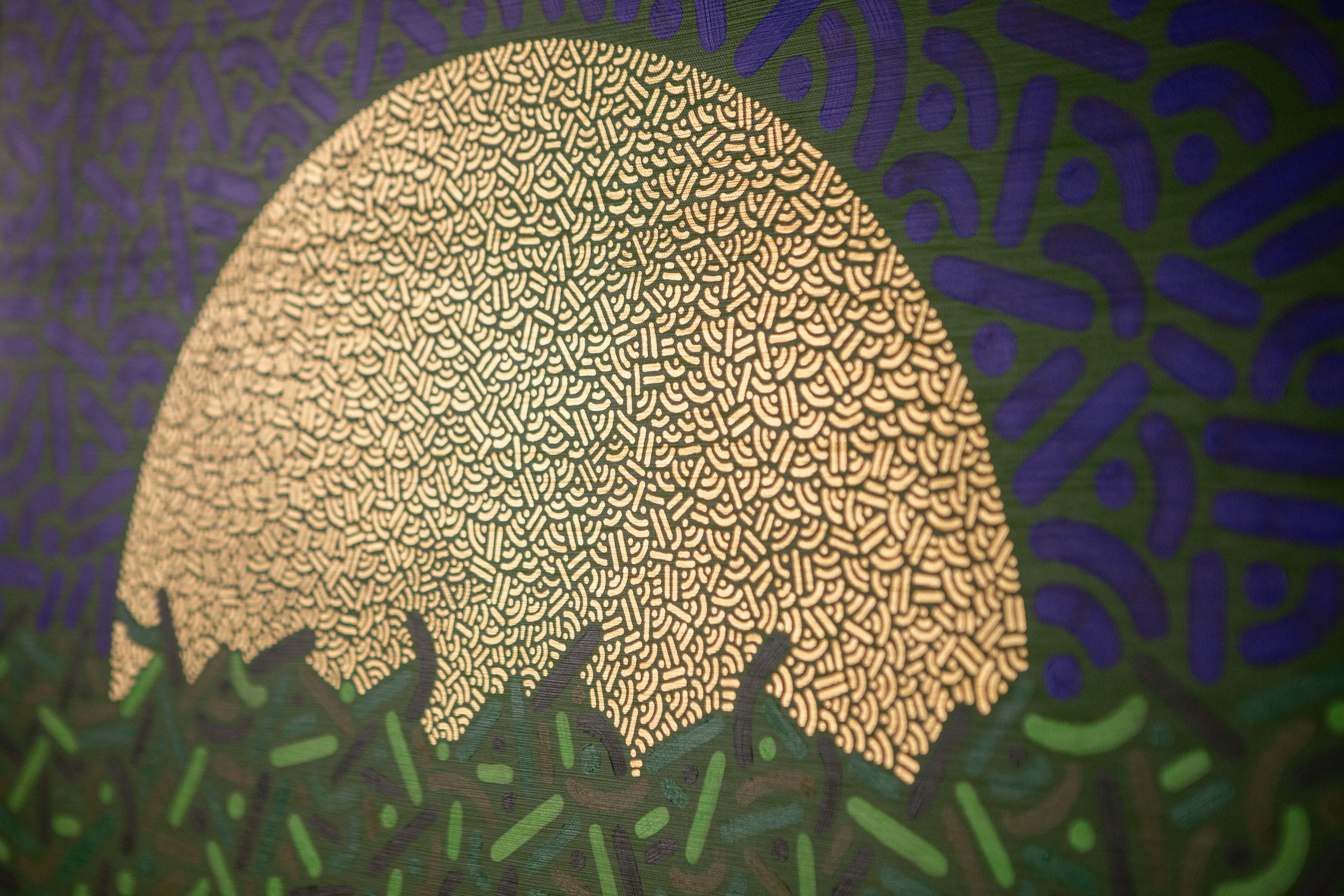 Sunlit Canopy: Detail of a pale circular sun rising behind layers of green geometric marks.